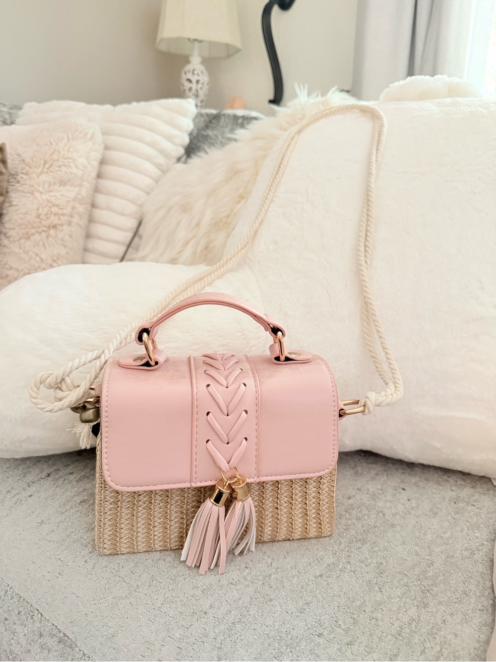 Chic Pink Braided Tassel Crossbody Bag